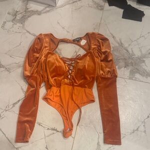 Orange Velvet Lace-Up Bodysuit